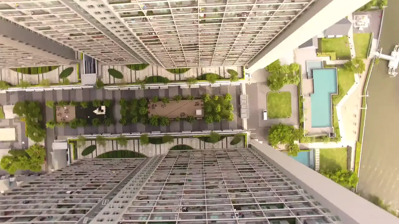 Aerial top down view of a residential complex courtyard
