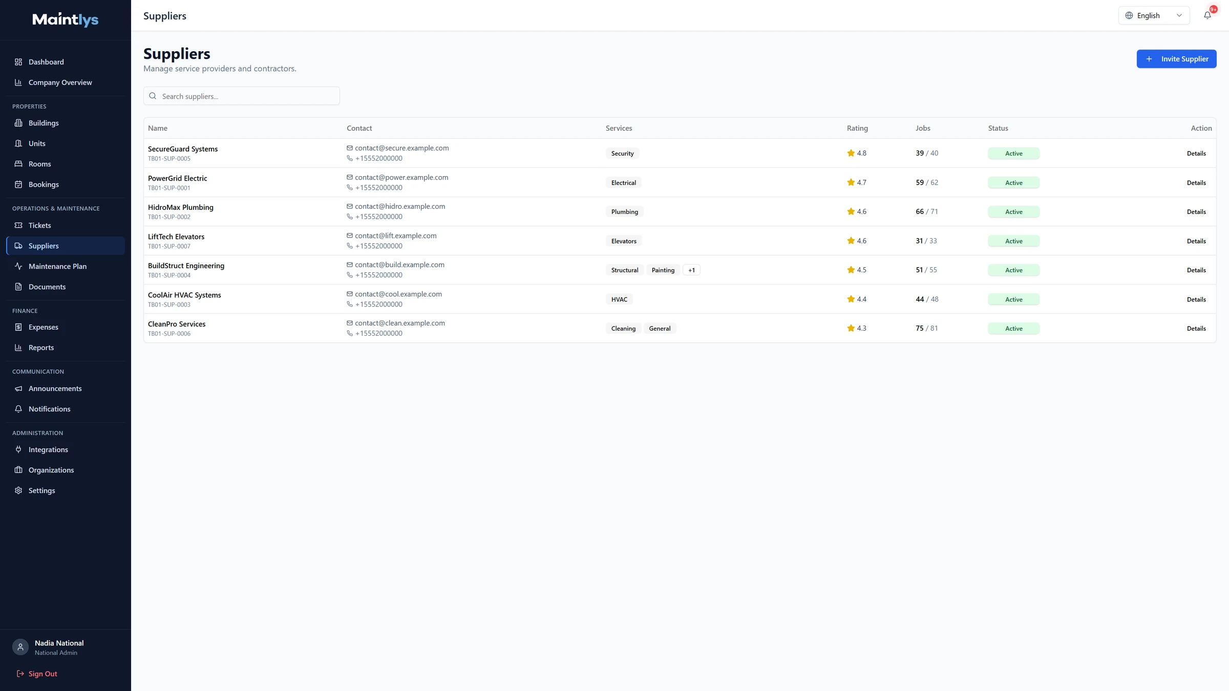 Maintlys supplier directory with star ratings and job completion