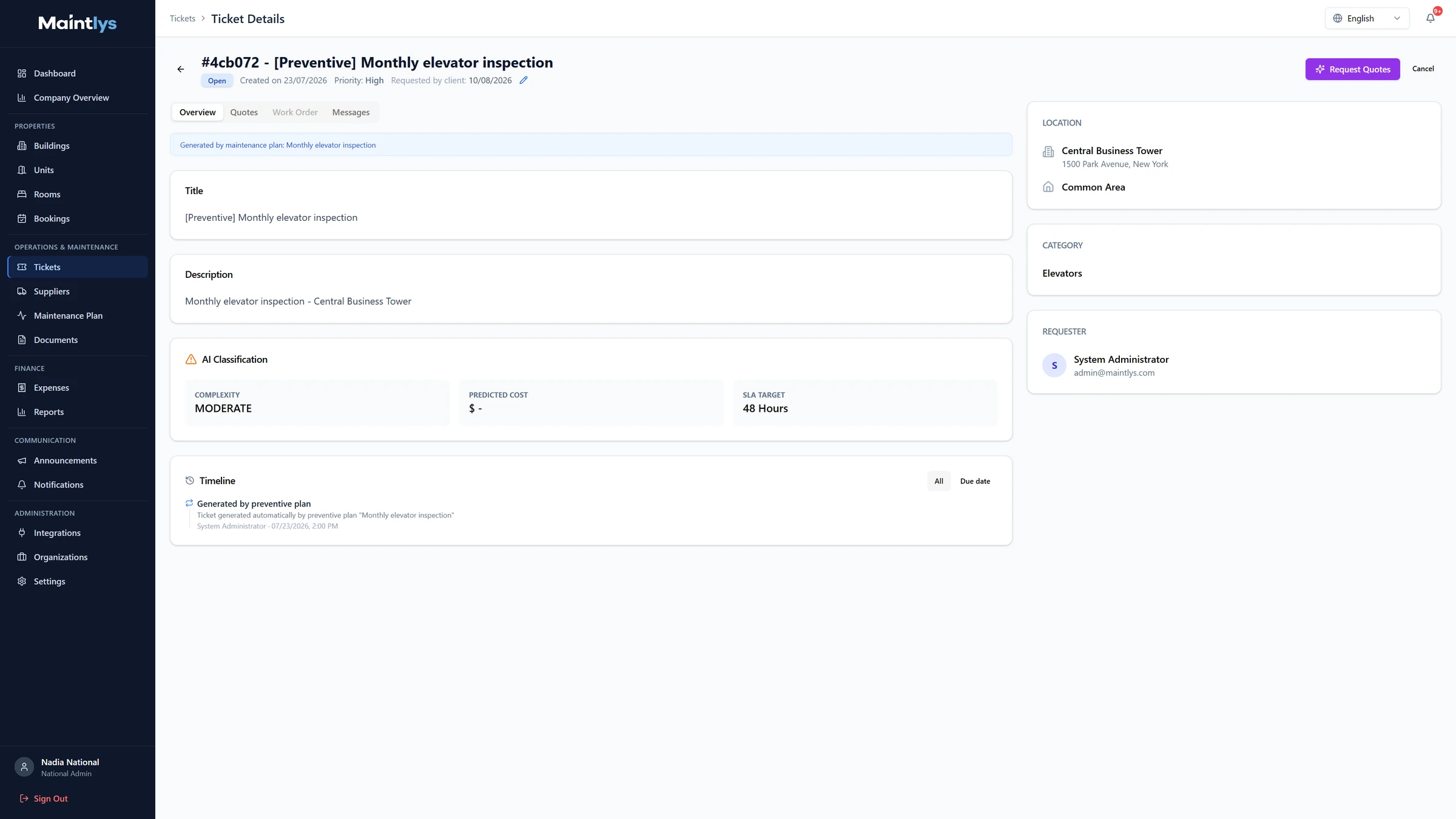 Maintlys ticket detail with AI classification, complexity and SLA target